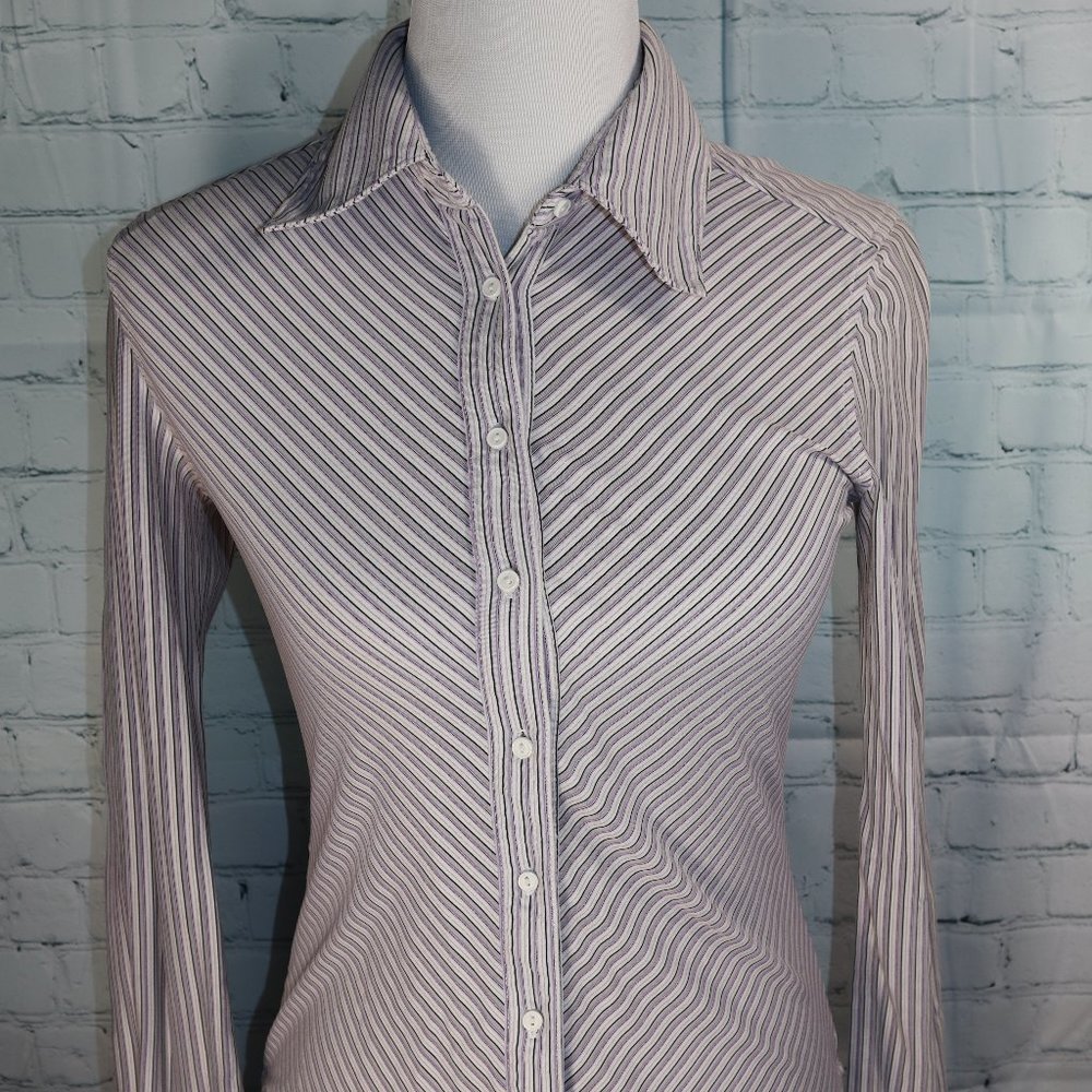 Express Purple, Black, and White Striped Button Down Dress Shirt, Size Medium